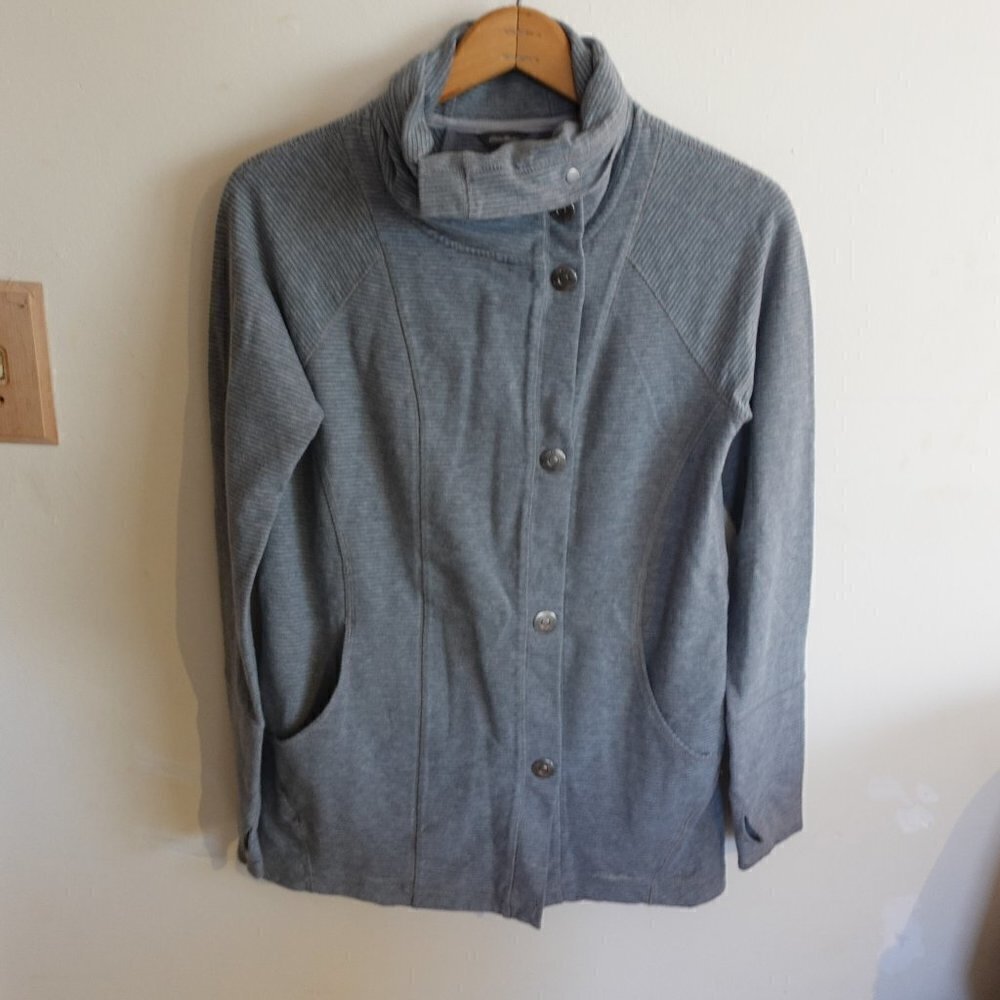 𝅺EDDIE Bauer Sweater Striped Gray Blue Pockets Small